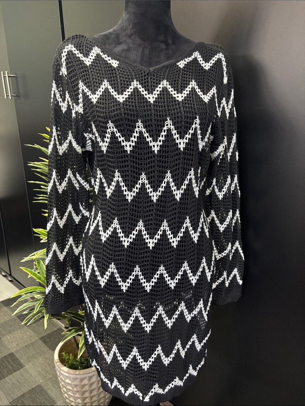 Salty Lemon Crocheted knit chevron-patterned V-neck,long sleeve cover-up, airy
